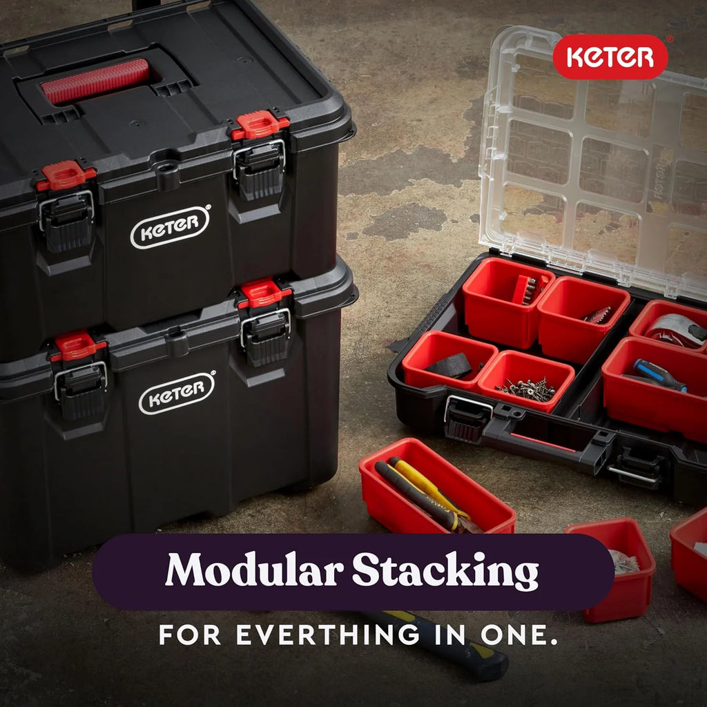 Keter Rolling Tool Box System, 3 Piece, Black/Red - 3 Piece Resin Modular Toolbox System