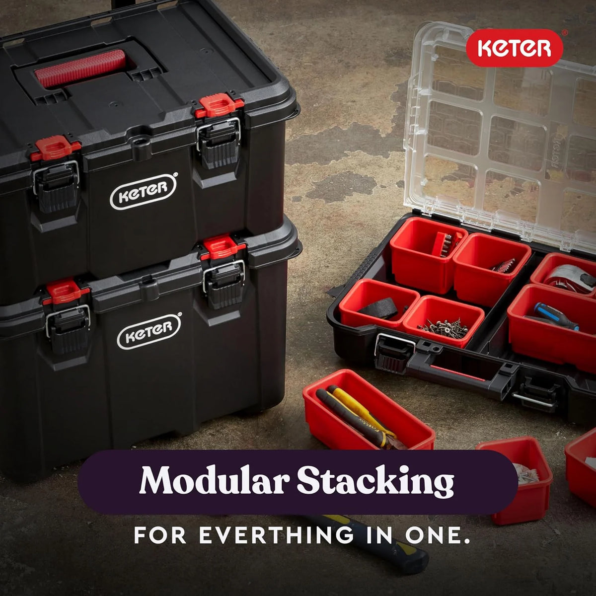 Keter Rolling Tool Box System, 3 Piece, Black/Red - 3 Piece Resin Modular Toolbox System