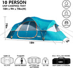 unp 10-Person Camping Tent, 18ft x 9ft x 78in, 2 Rooms, 5 Mesh Windows