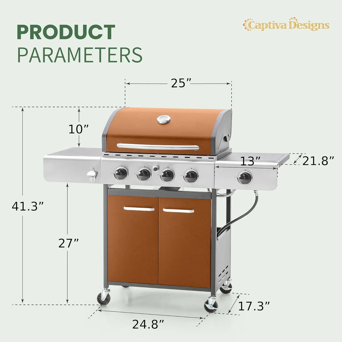 Captiva Designs 4-Burner Propane Gas Grill With Side Burner, 42,000 BTU, Silver - GR001