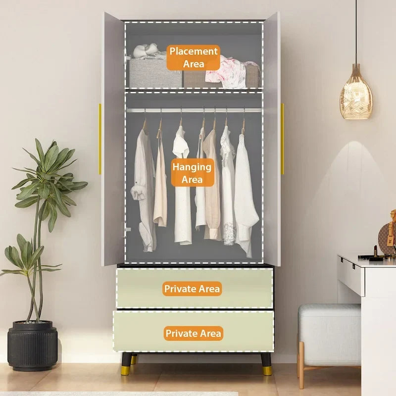 2-Door Wardrobe Closet Armoire With 2 Drawers And Clothes Rail - 70.9H x 31.5W x 19.1D