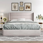 Queen Size Lift-Up Storage Bed With Wingback Headboard, Upholstered Platform Bed Frame With Hidden Storage