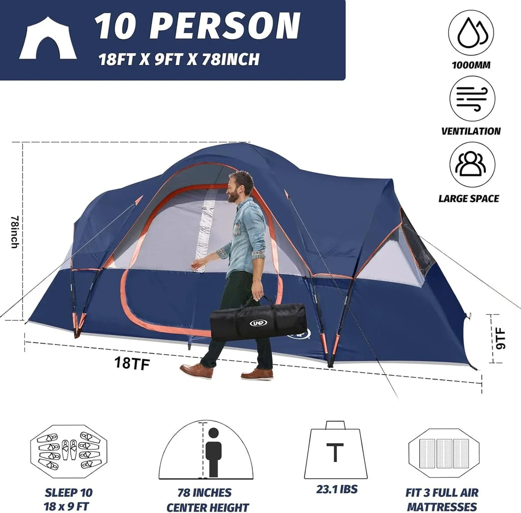 unp 10-Person Camping Tent, 18ft x 9ft x 78in, 2 Rooms, 5 Mesh Windows
