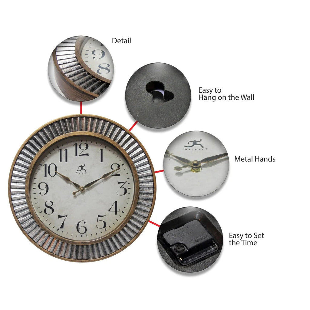 Rustic Industrial Round Wall Clock 16 Inch Brushed Gold And Silver