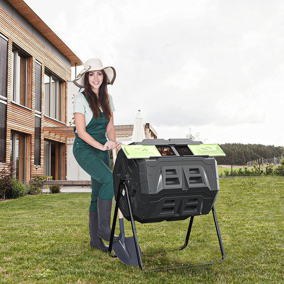 Dual Compartment Compost Tumbler Bin 43 Gallon Blue Door