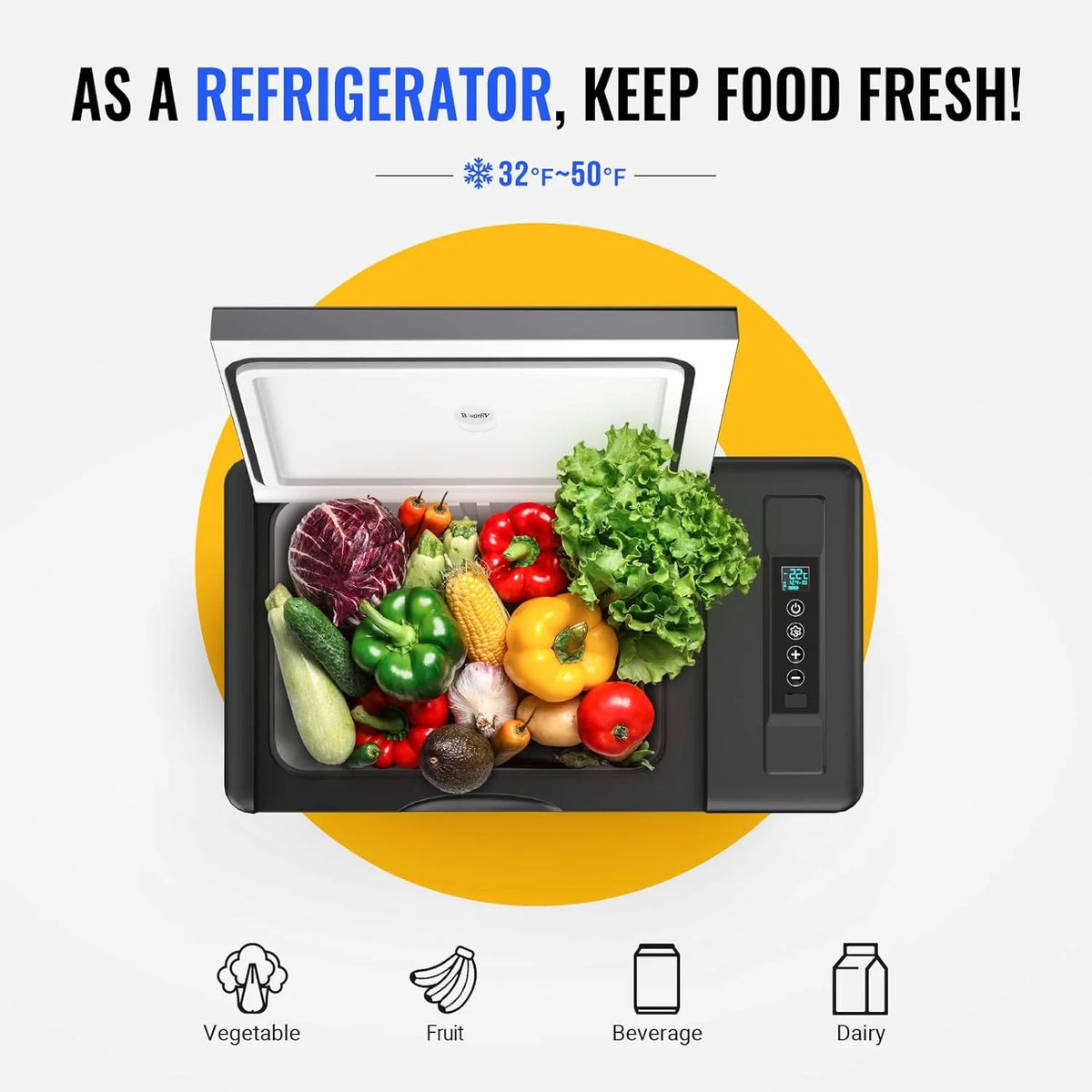 BougeRV 23 Quart Portable Car Refrigerator Freezer, Grey, 12/24V DC - CR22