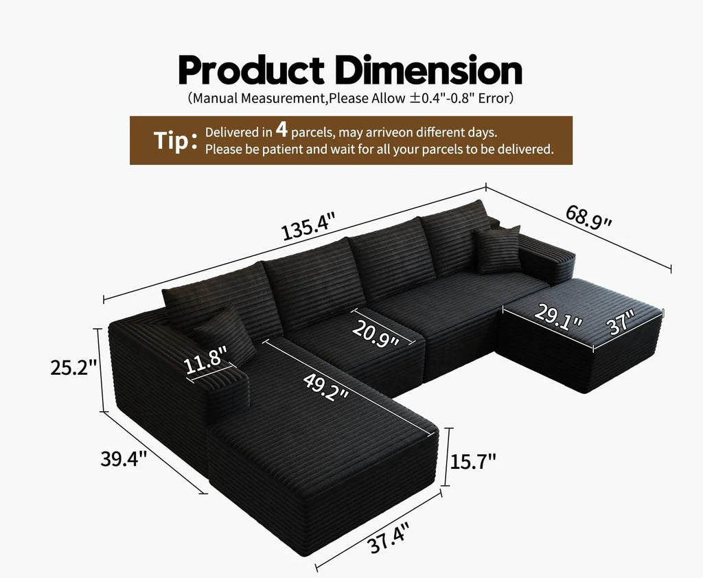 Settab Modular Sectional Sofa, 2 Seater Left-Facing Chaise, Black, 68.9 inch D x 107.5 inch W x 36.3 inch H