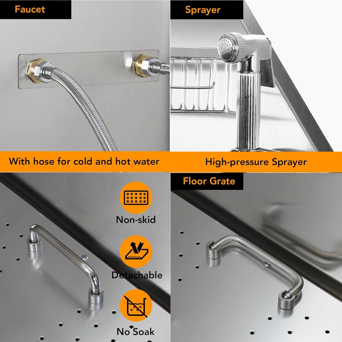 Cuisinaid Dog Grooming Tub, 50 in Stainless Steel With Ramp, Faucet, Sprayer, Drain Kit, Right Door