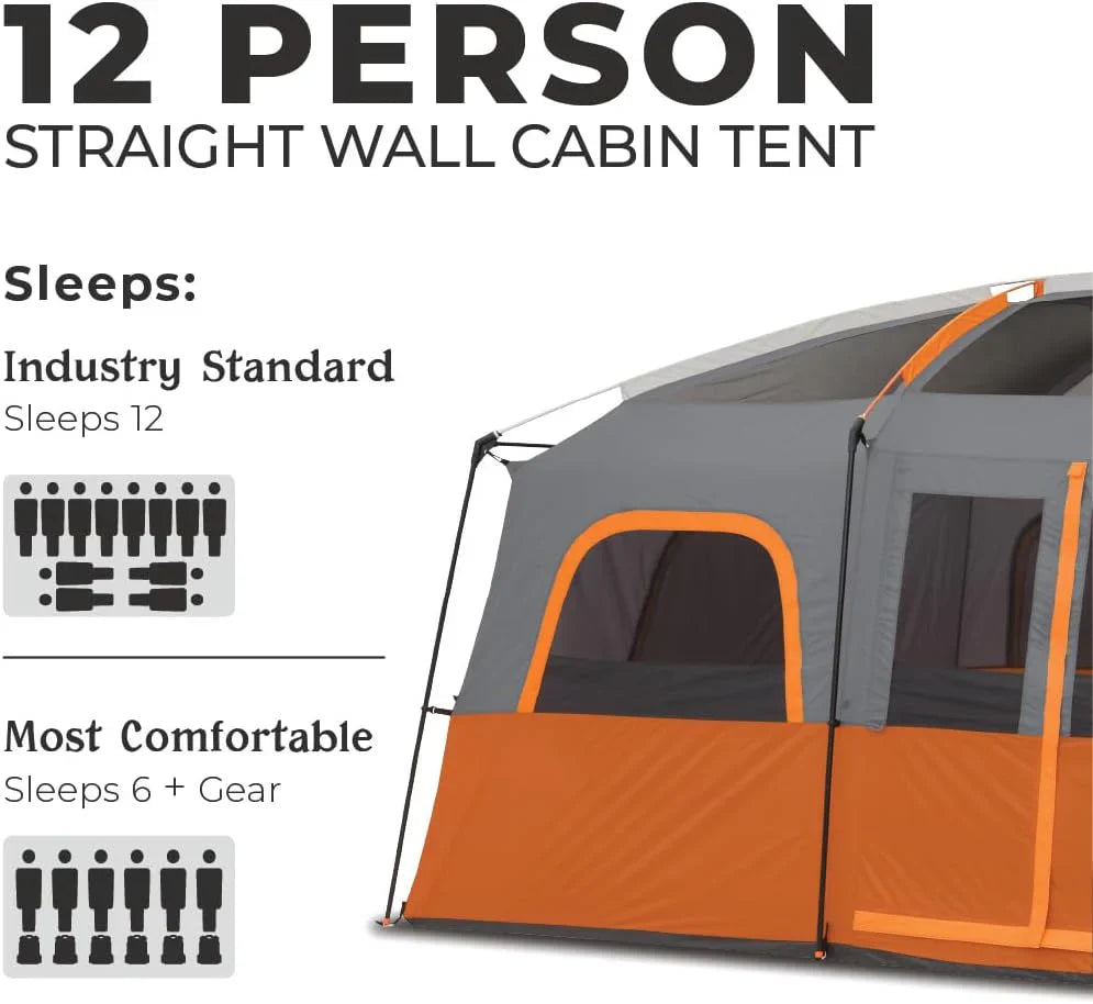 CORE 12 Person Straight Wall Cabin Tent, 16 x 11 Feet, Orange - SUVELAM