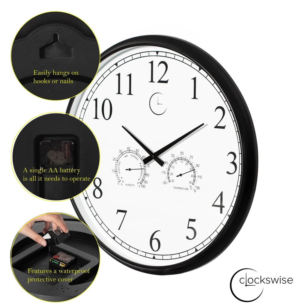 Outdoor Wall Clock With Thermometer And Hygrometer, 24-Inch, Black