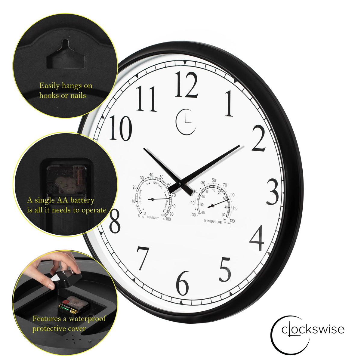 Outdoor Wall Clock With Thermometer And Hygrometer, 24-Inch, Black