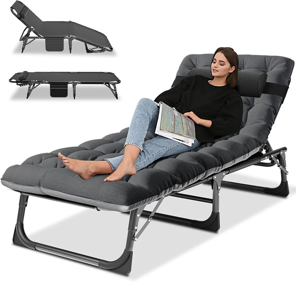 Slsy 5-Position Adjustable Folding Lounge Chair And Cot - 75.2" x 25.6" x 11.8"