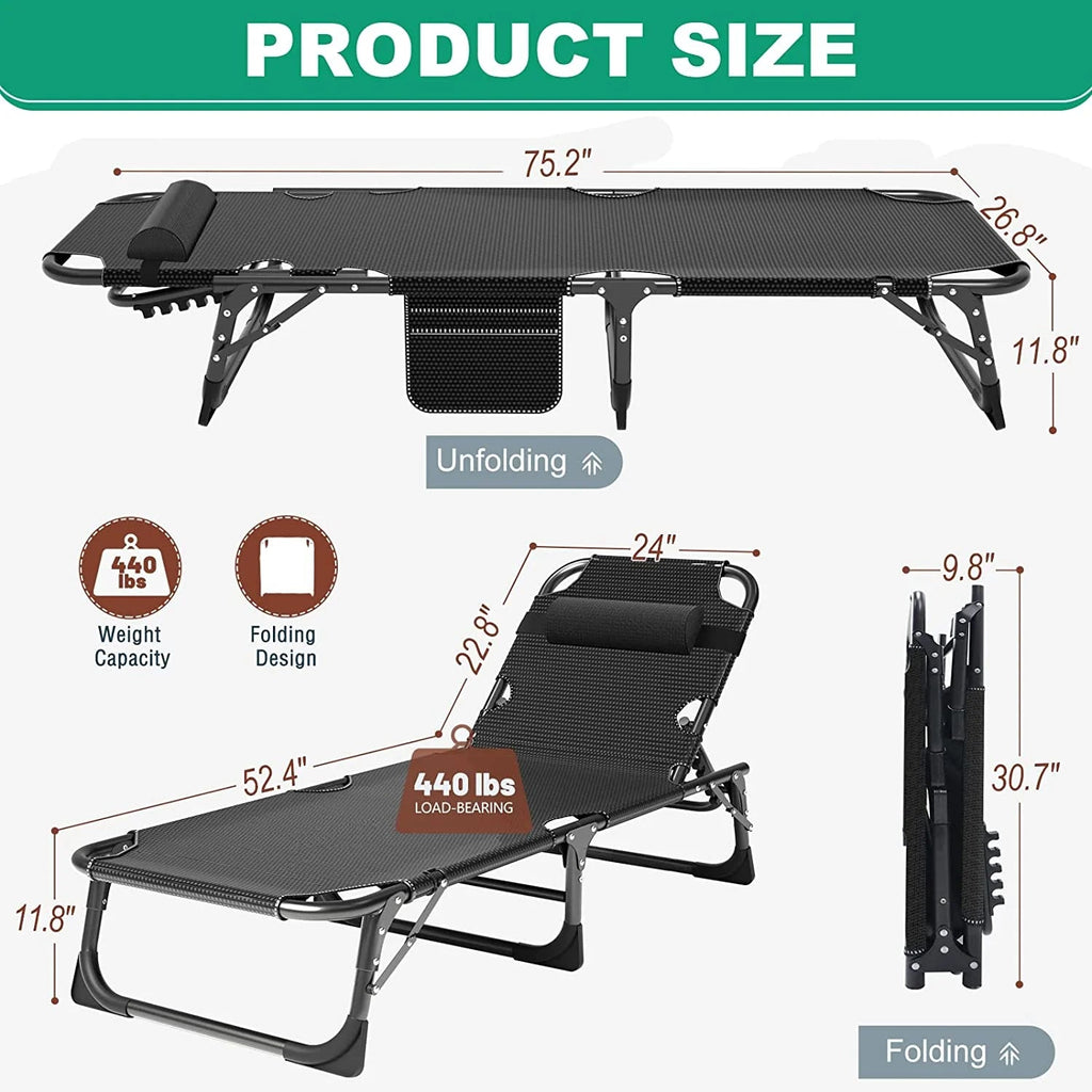 Slsy 5-Position Adjustable Folding Lounge Chair And Cot - 75.2" x 25.6" x 11.8"