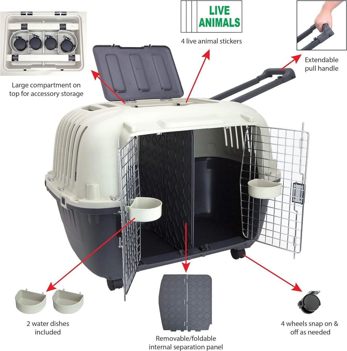 SportPet Designs Plastic Airline Approved Rolling Dog Kennel With Wire Door, XXX-Large, Gray, 48in L x 32in W x 36in H