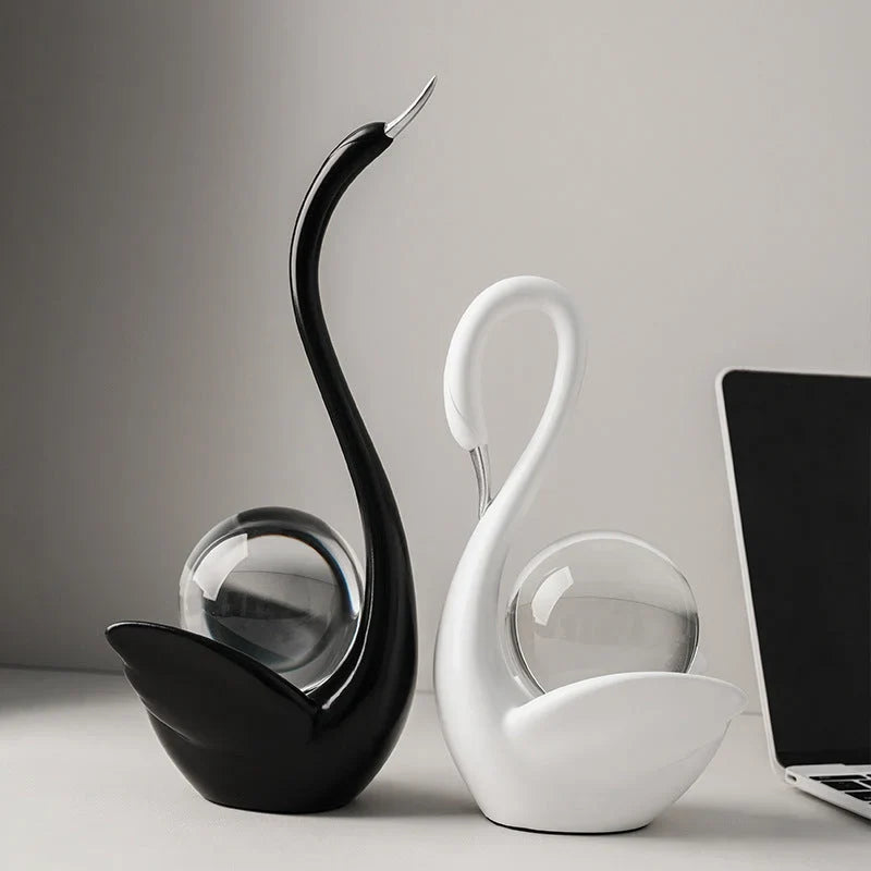 Ceramic Swan Figurine With Glass Sphere Decorative Sculpture