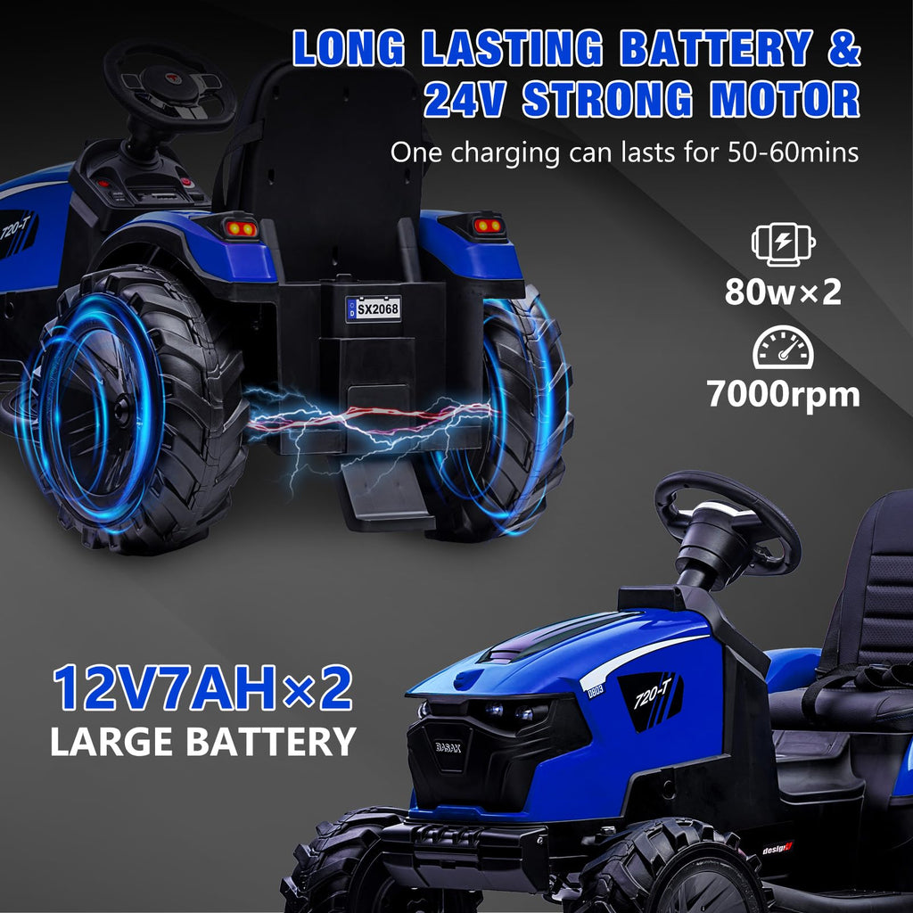 3-in-1 Ride-On Tractor 24V Electric Excavator & Bulldozer With Remote Control, LED, Music, USB/Bluetooth - Bright-Blue