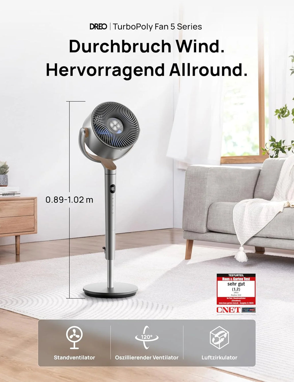 Dreo PolyFan Stand Fan, 20dB, 120 Degree Omni-Directional Oscillation, 35-40 inch - PolyFan 502