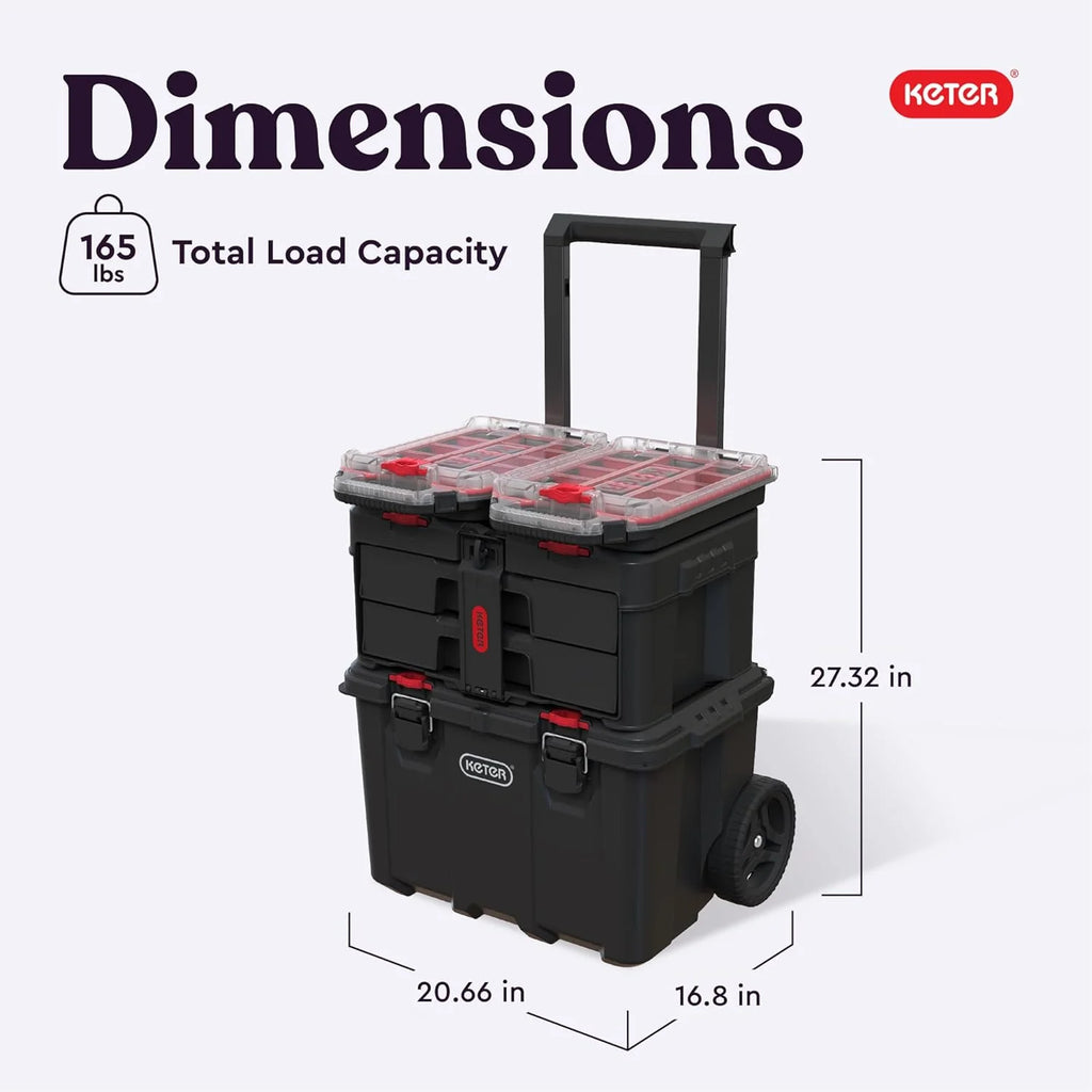 Keter Rolling Tool Box System, 3 Piece, Black/Red - 3 Piece Resin Modular Toolbox System