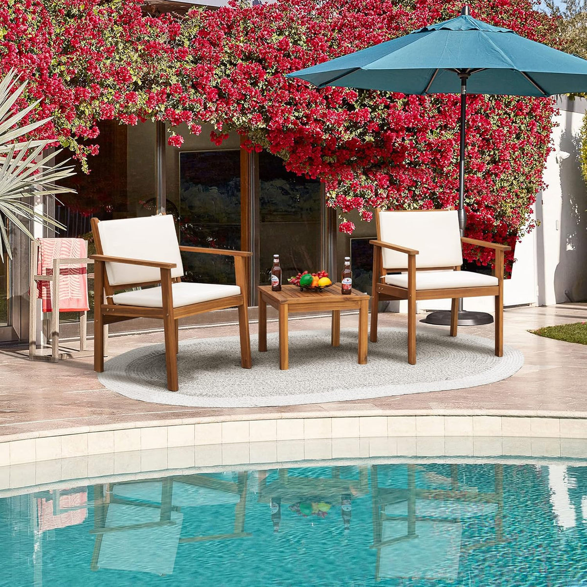 4 Piece Outdoor Acacia Wood Patio Conversation Set With Table And Cushions