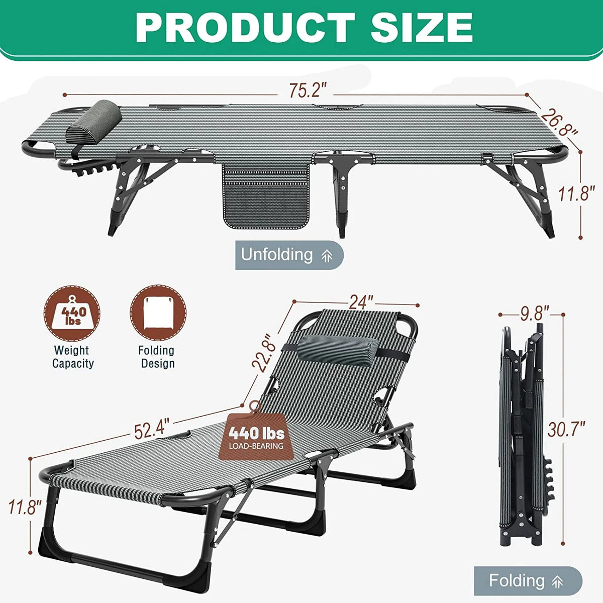 Slsy 5-Position Adjustable Folding Lounge Chair And Cot - 75.2" x 25.6" x 11.8"