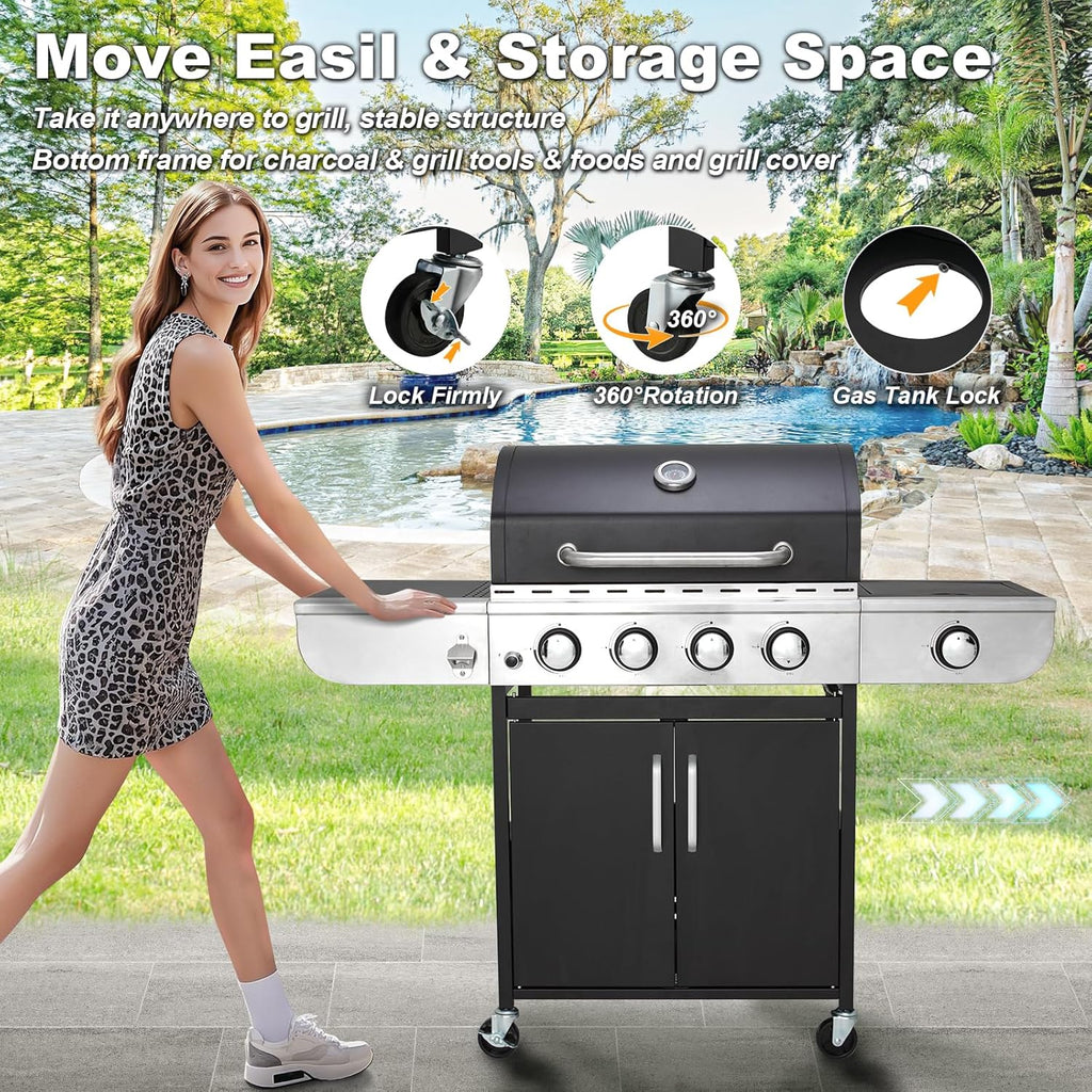 4-Burner Propane Gas Grill With Cast Iron Grates, Side Stove And 44,000 BTU Stainless Steel Burners