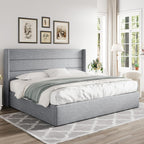 Queen Size Lift-Up Storage Bed With Wingback Headboard, Upholstered Platform Bed Frame With Hidden Storage