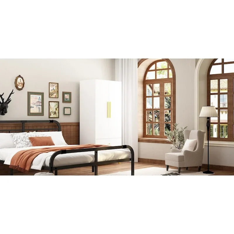 2-Door Wardrobe Closet Armoire With 2 Drawers And Clothes Rail - 70.9H x 31.5W x 19.1D