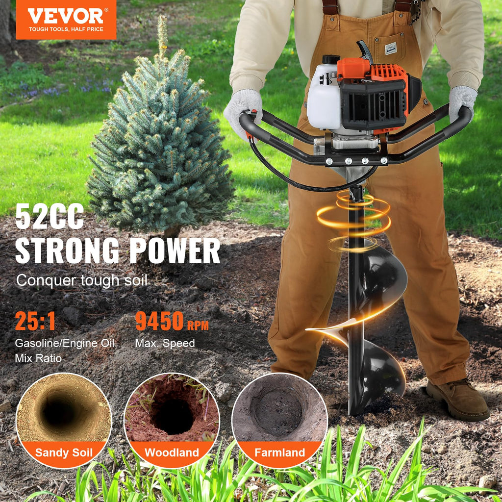 VEVOR 52CC 1450W Fuel-Powered Post Hole Auger With 6in And 10in Bits - D52-F