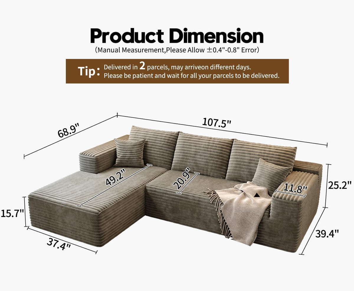 Settab Modular Sectional Sofa, 2 Seater Left-Facing Chaise, Black, 68.9 inch D x 107.5 inch W x 36.3 inch H