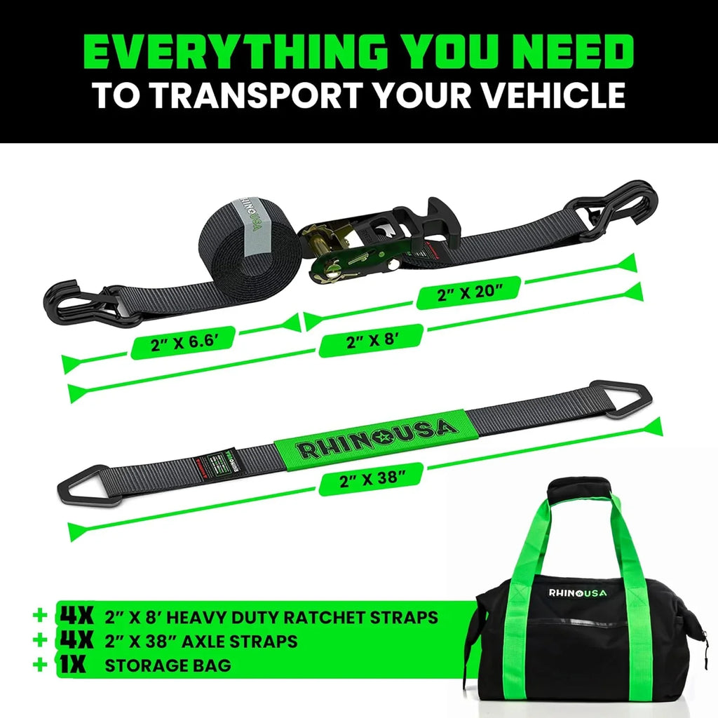 Rhino USA Car Tie-Down Straps With J Hooks, 4-Pack, 2 Inch x 8 Feet, Black - HDKIT-P 2IN-HDKIT