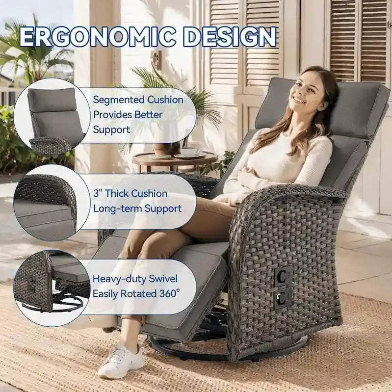 Pocassy 3-Piece Outdoor Recliner Set With Side Tables And Grey Cushions