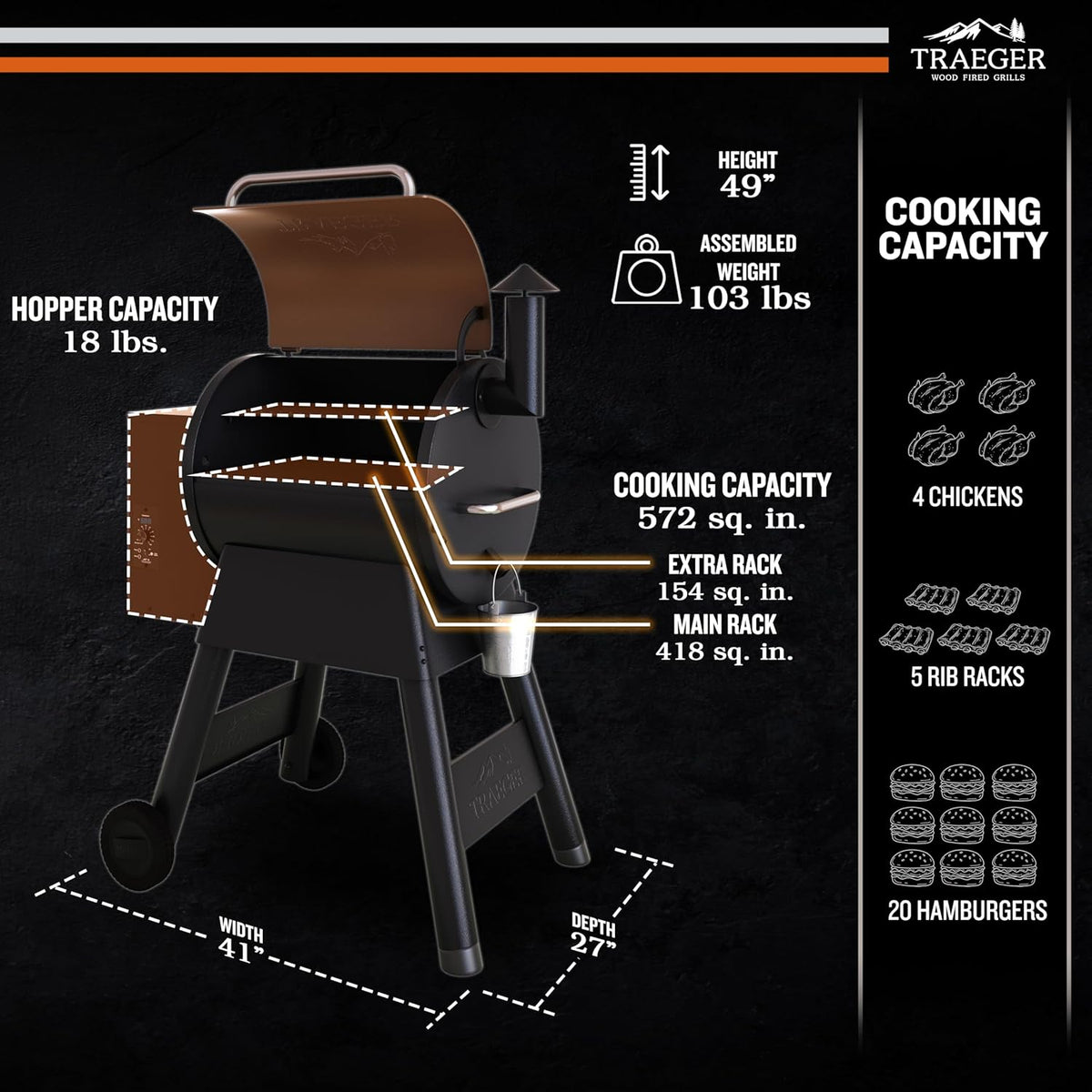 Traeger Grills Pro 22 Wood Pellet Grill And Smoker, 572 Sq. In., 18lb Hopper, Bronze