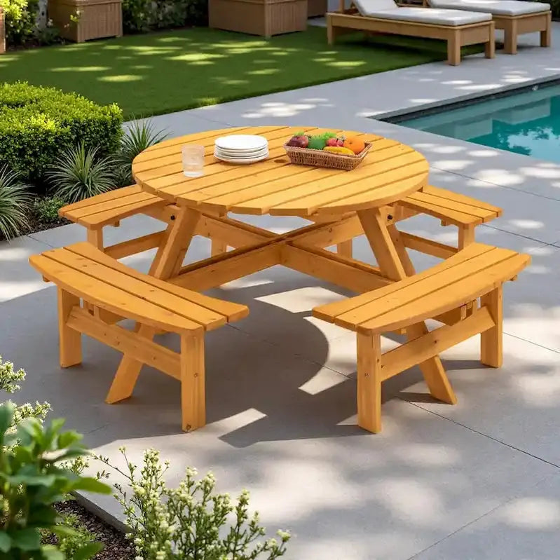 8-Person Fir Wood Round Picnic Dining Set With 4 Built-In Benches, 43.3-In Tabletop And Umbrella Hole