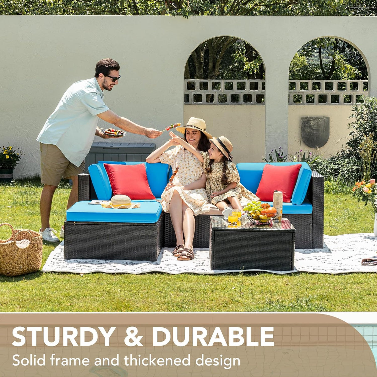 Devoko 5-Piece Outdoor Sectional Patio Sofa Set With Cushions And Glass Table - Beige