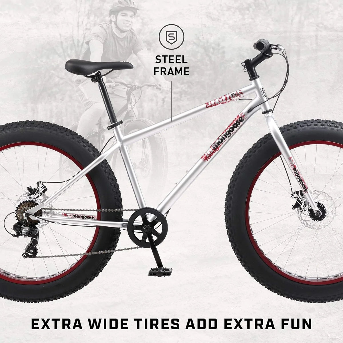 Mongoose Malus Adult Fat Tire Mountain Bike, 26-Inch Wheels, 4-Inch Tires, 7-Speed - R5714C