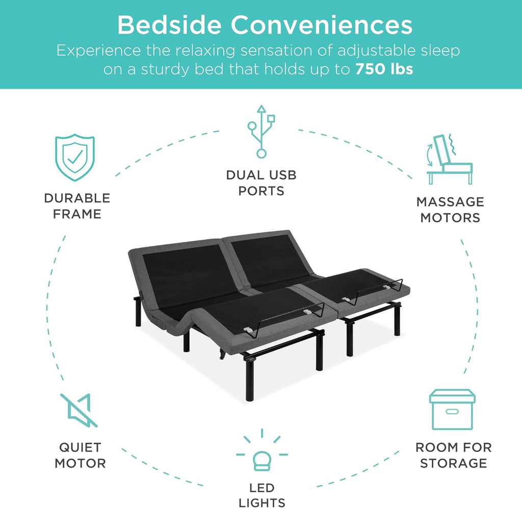 Twin XL Electric Adjustable Bed Base With Wireless Remote, Massage, Night Light, 2 USB Ports, 750 lb - 80 in x 38 in x 14 in