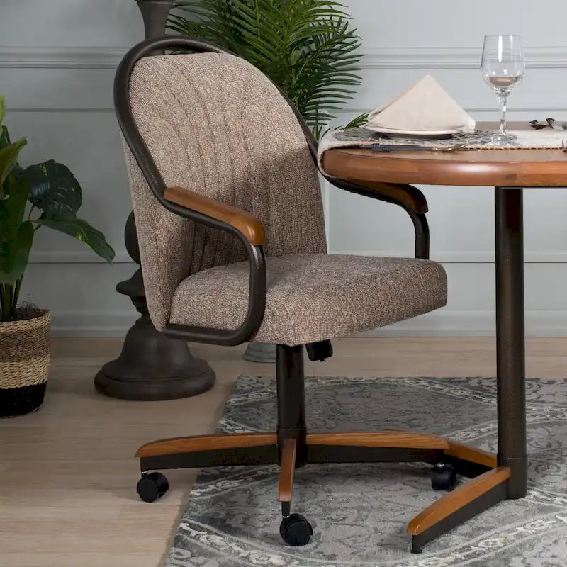 Casual Dining Swivel And Tilt Rolling Dining Chair, Brown Fabric, 38 H x 22 1/2 W x 22 D / 38 H x 24 W x 22 D