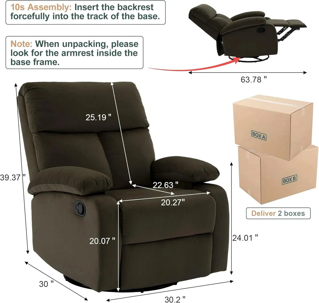 Swivel Rocker Recliner Chair For Compact Spaces - 32in D x 30.2in W x 38.9in H