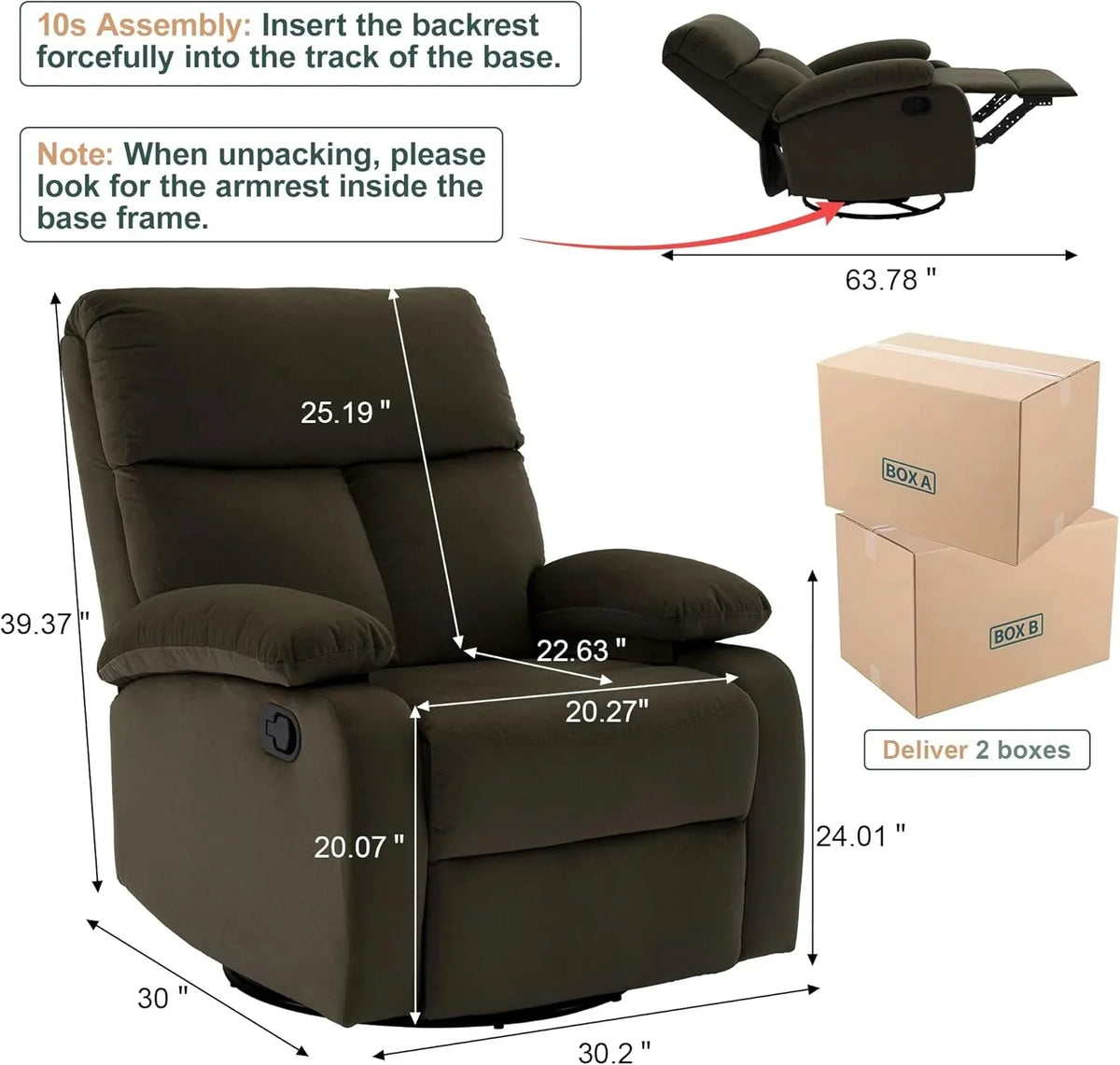 Swivel Rocker Recliner Chair For Compact Spaces - 32in D x 30.2in W x 38.9in H