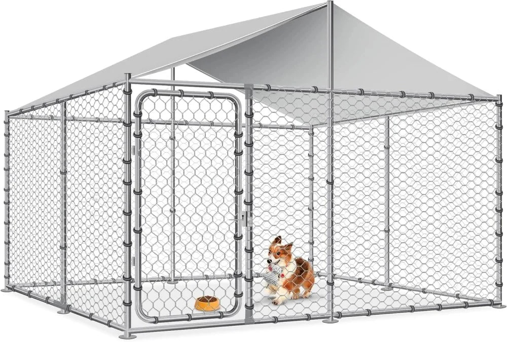 Haverchair Heavy Duty Outdoor Dog Kennel With Water and UV-Resistant Cover, Galvanized Steel, 90in L x 90in W x 63in H