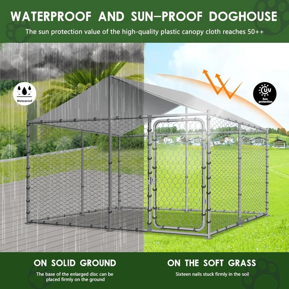 Haverchair Heavy Duty Outdoor Dog Kennel With Water and UV-Resistant Cover, Galvanized Steel, 90in L x 90in W x 63in H