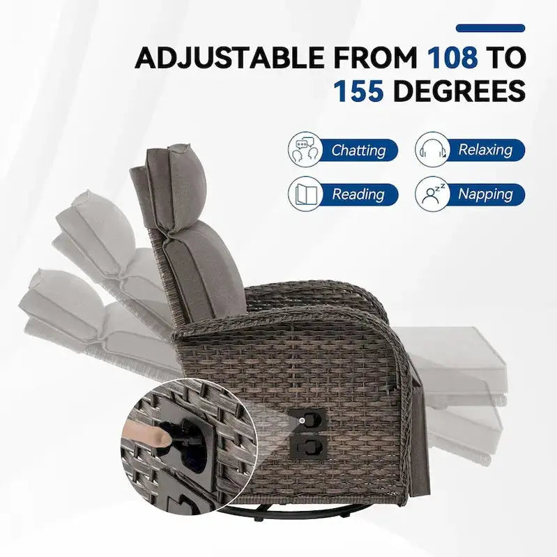 Pocassy 3-Piece Outdoor Recliner Set With Side Tables And Grey Cushions