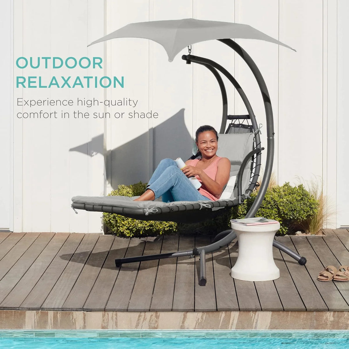 Best Choice Products Outdoor Hanging Steel Chaise Lounge Chair With Canopy, Charcoal Gray - SKY5871