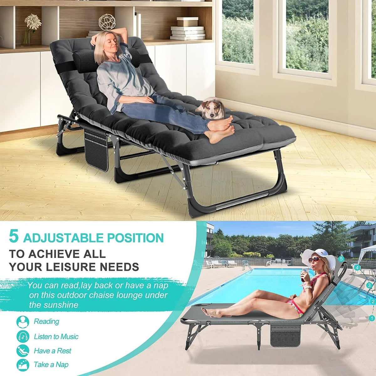 Slsy 5-Position Adjustable Folding Lounge Chair And Cot - 75.2" x 25.6" x 11.8"