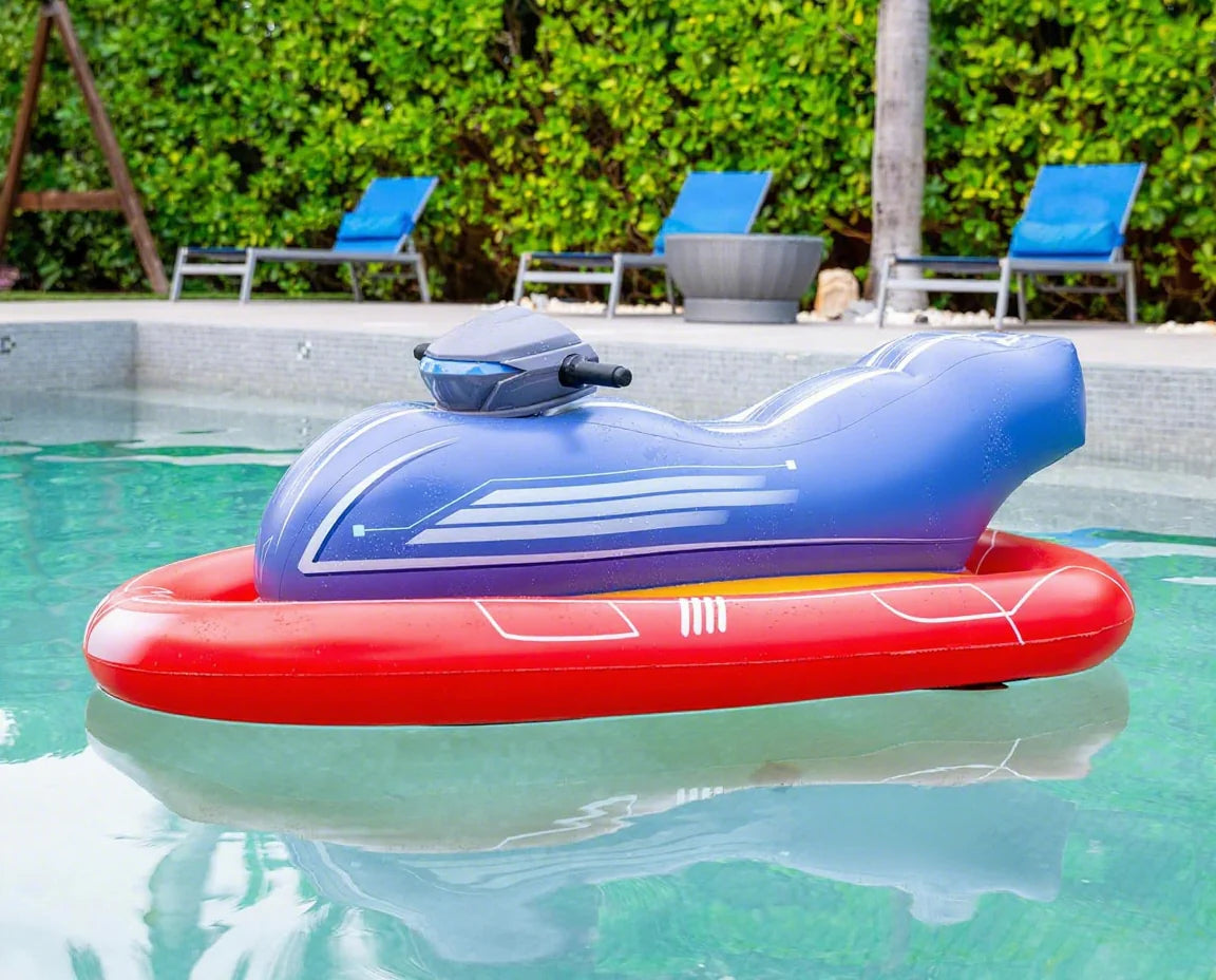 Motorized Inflatable Ride-On Watercraft Pool Float, 12V, 54in L x 32in W, Red & Blue - Jet Runner