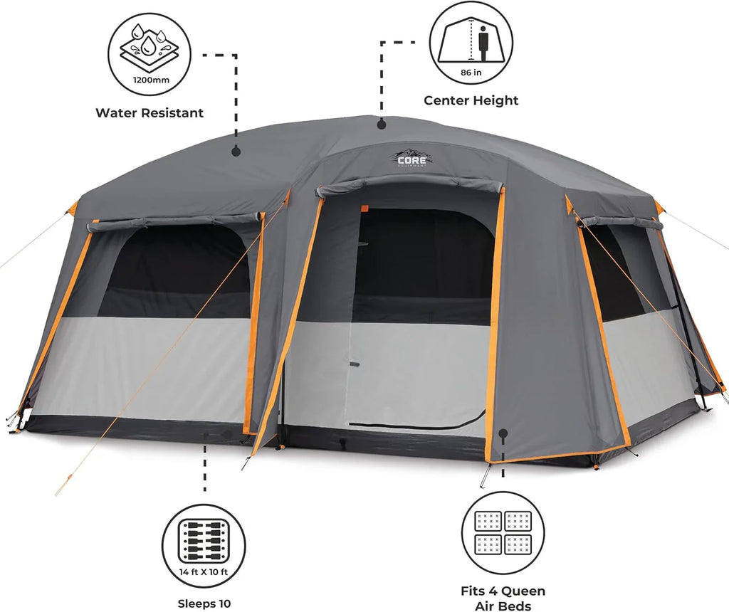 CORE 12 Person Straight Wall Cabin Tent, 16 x 11 Feet, Orange - SUVELAM