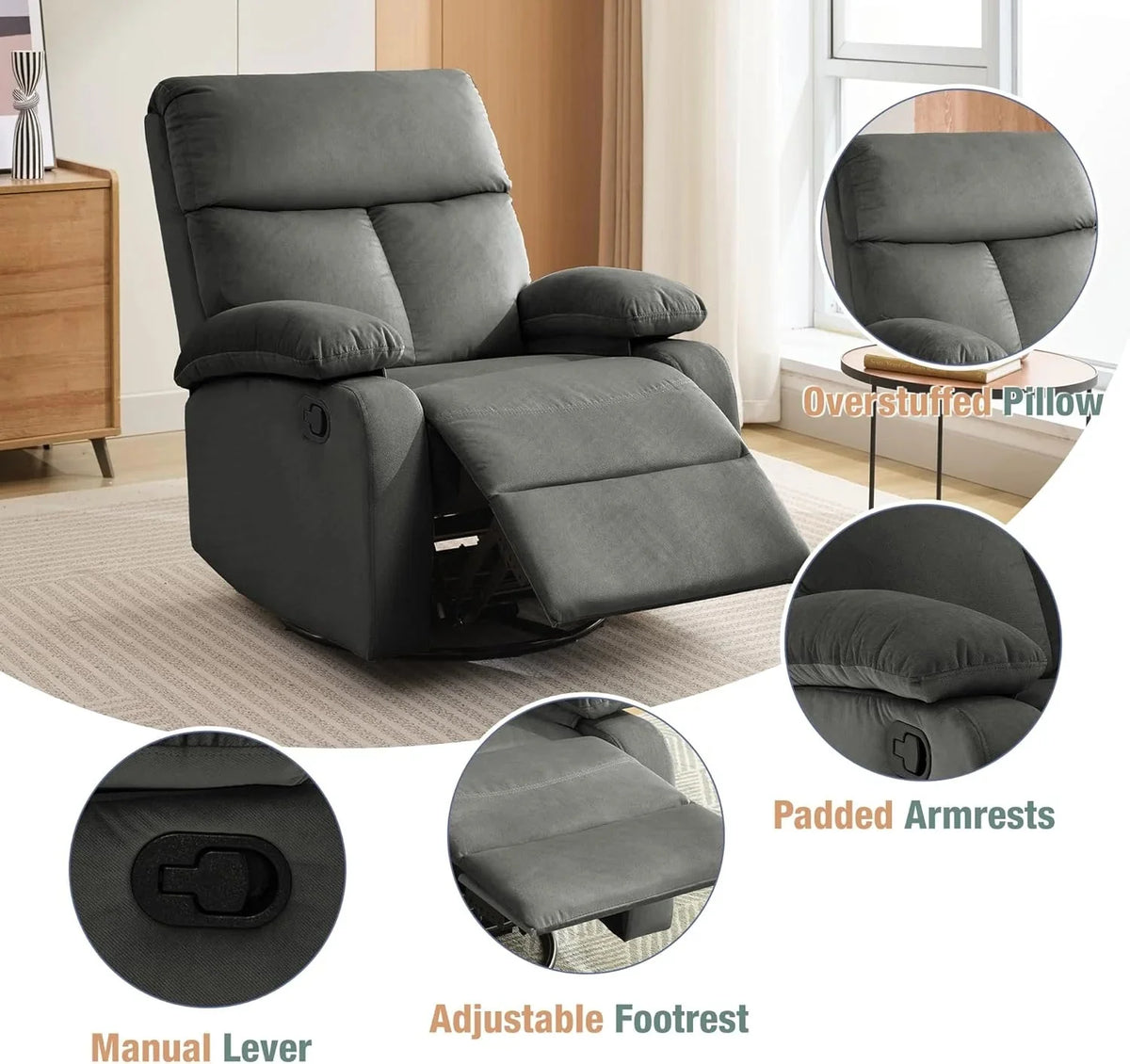 Swivel Rocker Recliner Chair For Compact Spaces - 32in D x 30.2in W x 38.9in H