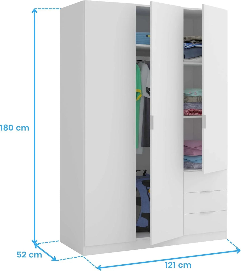 Habitdesign Three-Door Three-Drawer Wardrobe Closet, Artic White, 121 cm W x 180 cm H x 52 cm D