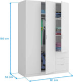 Habitdesign Three-Door Three-Drawer Wardrobe Closet, Artic White, 121 cm W x 180 cm H x 52 cm D