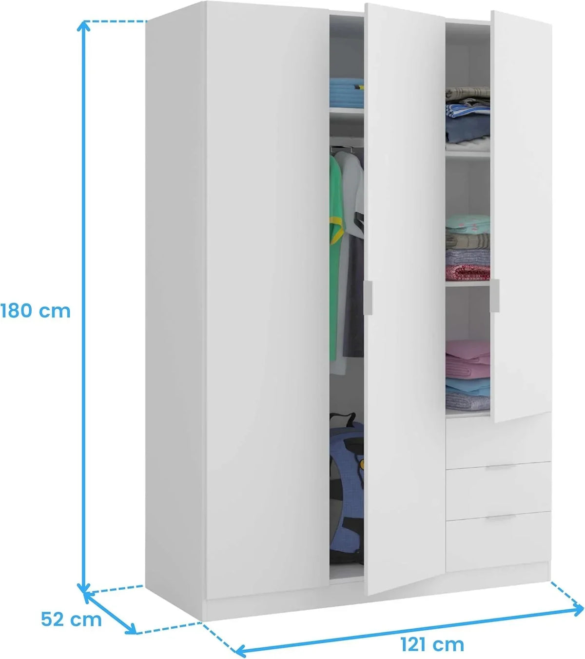 Habitdesign Three-Door Three-Drawer Wardrobe Closet, Artic White, 121 cm W x 180 cm H x 52 cm D